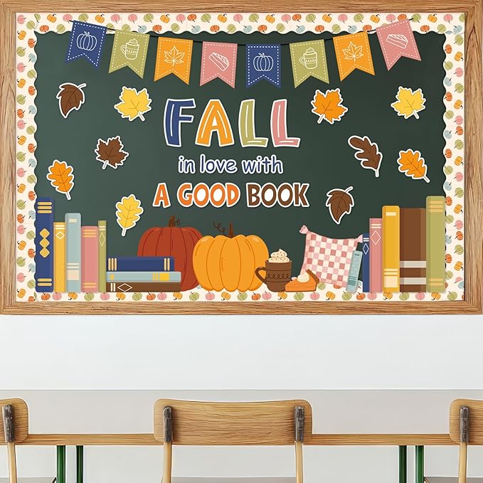 JarThenaAMCS Fall Thanksgiving Reading Bulletin Board Set Boho Autumn Library Book Classroom Decorations Pumpkin Maple Leaves Cutouts for School Chalkboard Wall Door Decor