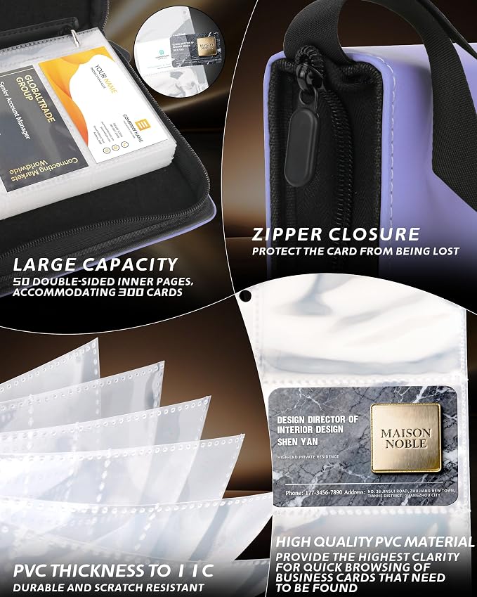 Leather Business Card Book Holder Organizer, Professional Name Card Book Holder with 300 Card Capacity, Portable PU Credit Card Binder File Sleeve Storage for Men Women,50 Pack Sleeves Zipper Closure
