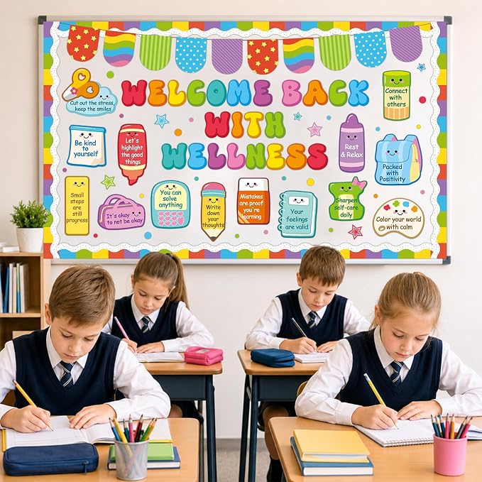 Welcome Back with Wellness Bulletin Board Set Inspirational Affirmations Classroom Decoration Mental Health Bulletin Board Motivational Paper Cutout for Back to School Poster Office Home Wall Decor