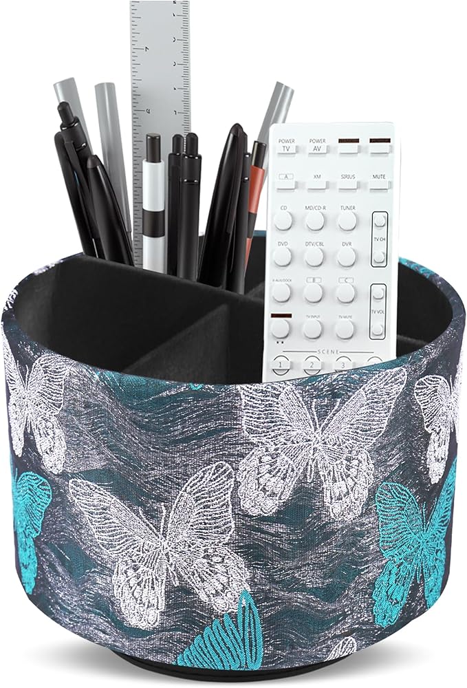 Round Leather Art Supply Organizer,Remote Control Holder,360-degree Rotating Pen Organizer with 4 Compartments(1-Butterfly Green3)