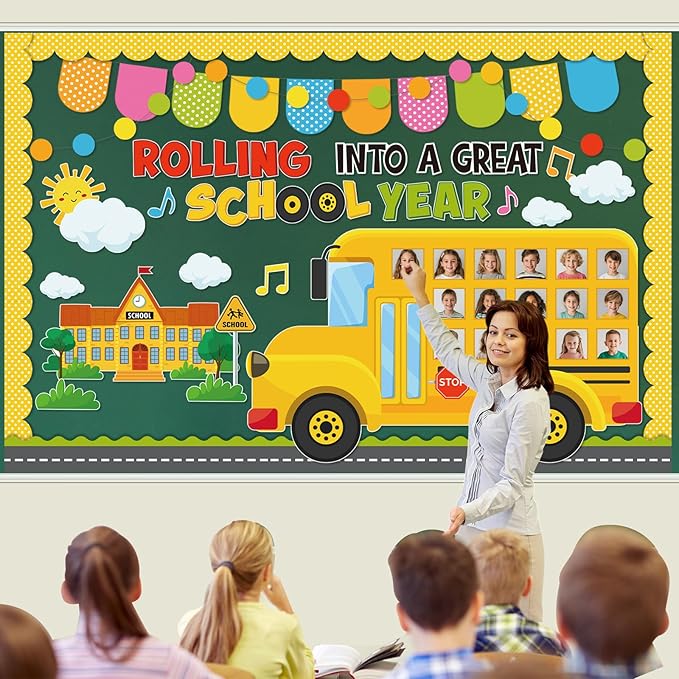 Funrous 89 Pcs Back to School Bulletin Board Set Yellow Bulletin Board Borders Yellow Bus Cutouts DIY Photo Crafts Rolling into a Great School Year Classroom Decor for Welcome Back Classroom Office