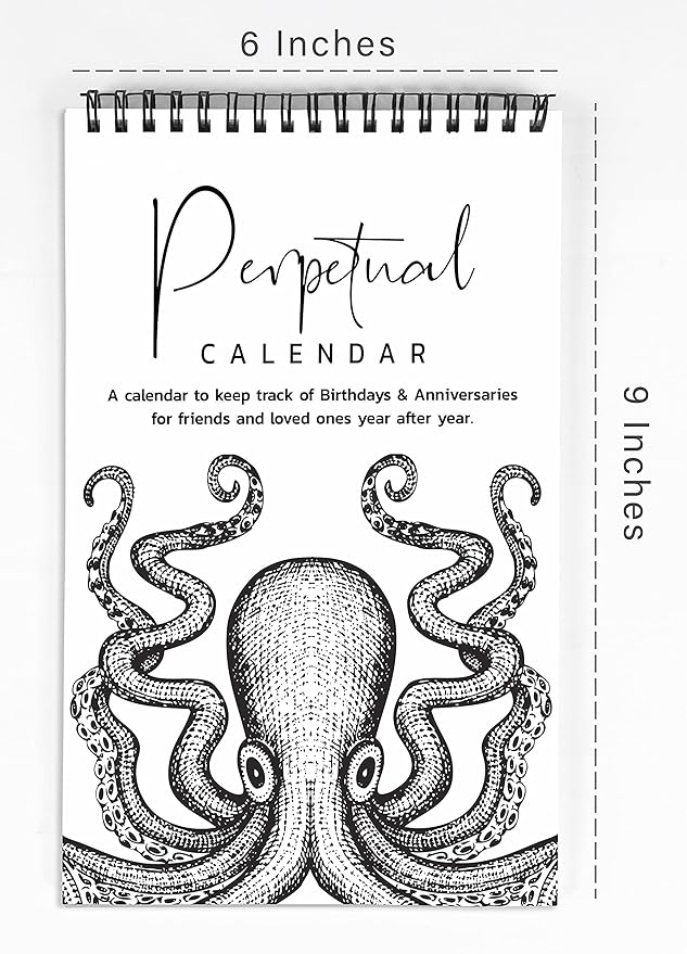 Octopus Perpetual Calendar, Important Dates to Remember- 6x9 Monthly and Daily Wall Hanging Journal for Special Days- Birthdays- Anniversaries Book Birthday Gift Planner Organizer-NY