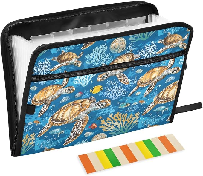 Sea Turtle Fish File Folders, Plastic Folders with 13 Pockets, Expandable File Folder for Documents School Students Office, Aesthetic Folder with Labels A4 Letter Size