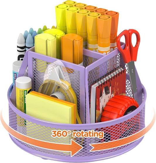Docnest 360° Rotating Pen Holder,Heavy-Duty Metal Mesh Desk Organizer with 6 Compartments for Pencils,Scissors & Markers –Space Saving Office Supply for Teachers, Students & Home Desk-Purple