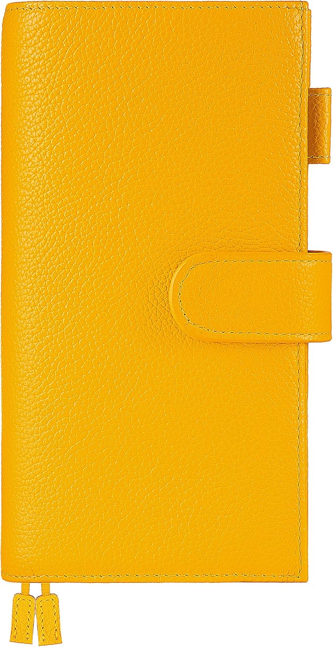 Genuine Leather Cover for Hobonichi Weeks/Weeks Mega with Pen Loop, Card Slots, Back Pocket, and Bookmarks (Yellow)