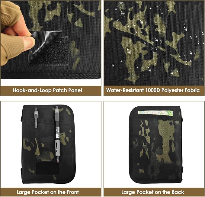 Tactical Notebook Cover, A6 Padfolio 6 Ring Binder with Big Back Pocket & Hand Strap, Zippered Hardcase Planner for Journal, College, Office, Field (Black Camo, A6(5.5 x 8.5 inches))