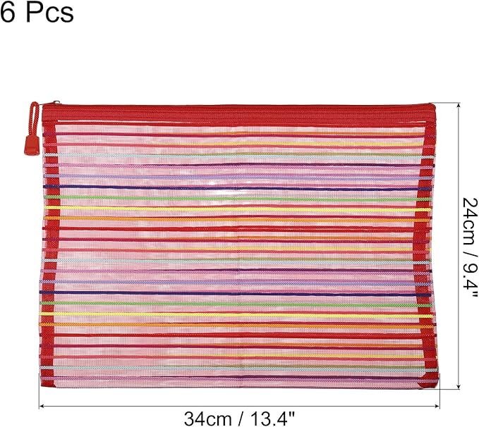 MECCANIXITY Mesh Zipper Pouches, A4 Colorful Pencil Case Document File Bags Storage Organizer for Office Supply Travel Accessory, Red Pack of 6
