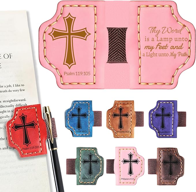 Personalized Magnetic Bookmark with Pen Holder, Bible Verse Scripture Design, Custom Leather Bookmark Bible Study Supplies for Women Men, Christian, Book Lovers Gifts (Pink, Psalm 119:105)