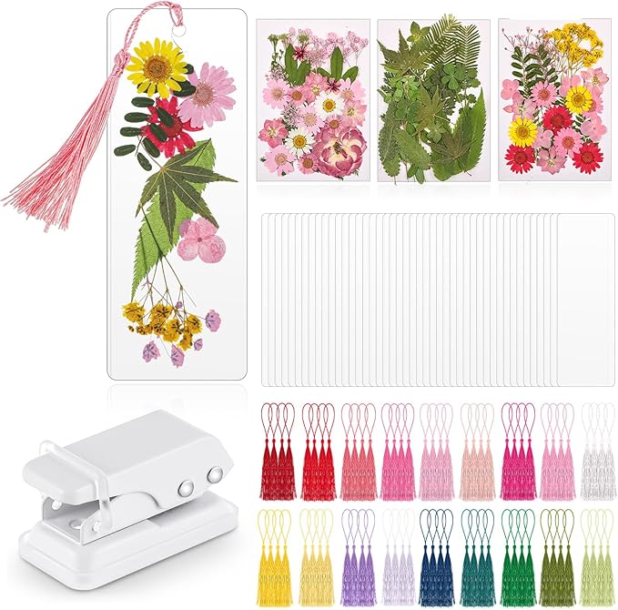 Fuyoooo 376 Pcs Dried Flower Bookmark Making Kit, DIY Bookmark Laminating Pouches with Tassels and Puncher, Handmade Craft Kit for Women, DIY Gifts for Book Lovers (Pink,2 x 6 Inch)