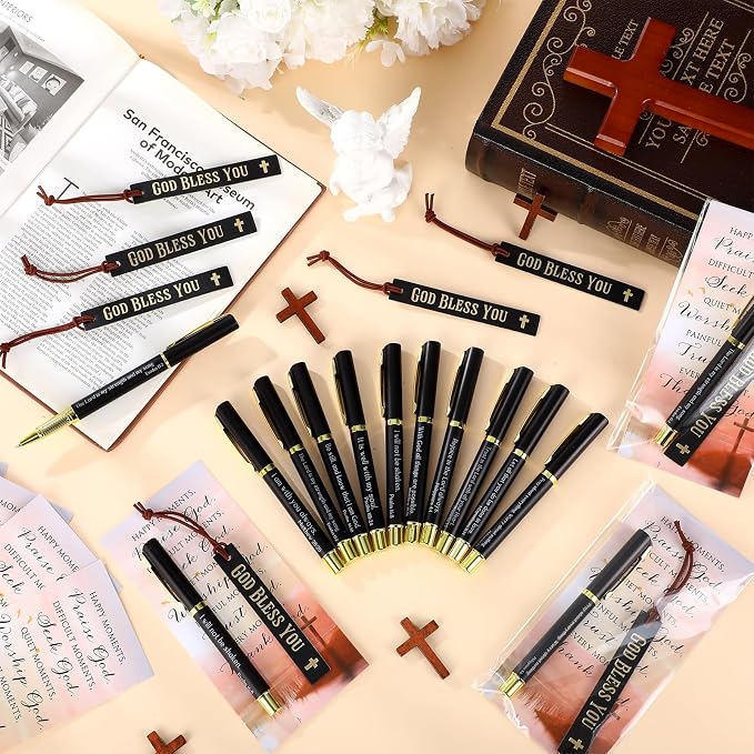 Skyygemm 20 Set Fathers Day Christian Gifts Bulk Bible Verse Pens God Bless You Bookmarks and Prayer Cards with Bags Religious Gifts for Men Church Sunday School Party Favors (Black)