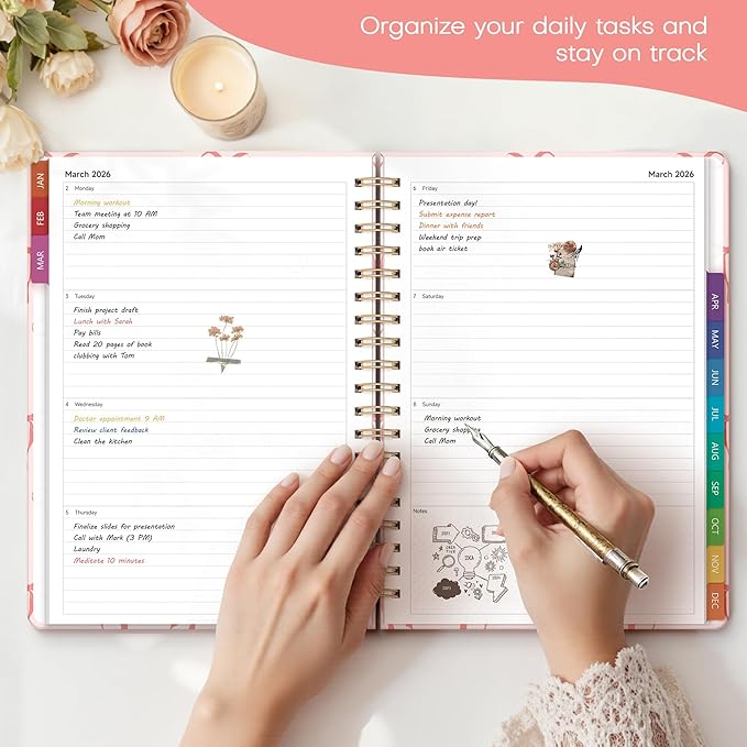 2026 Planner Weekly and Monthly, Jan.2026 - Dec.2026, Hardcover Calendar 2026 Agenda Daily Planner Book Spiral Notebook with Monthly Tabs, 7.4" x 10.2", Pink Bow