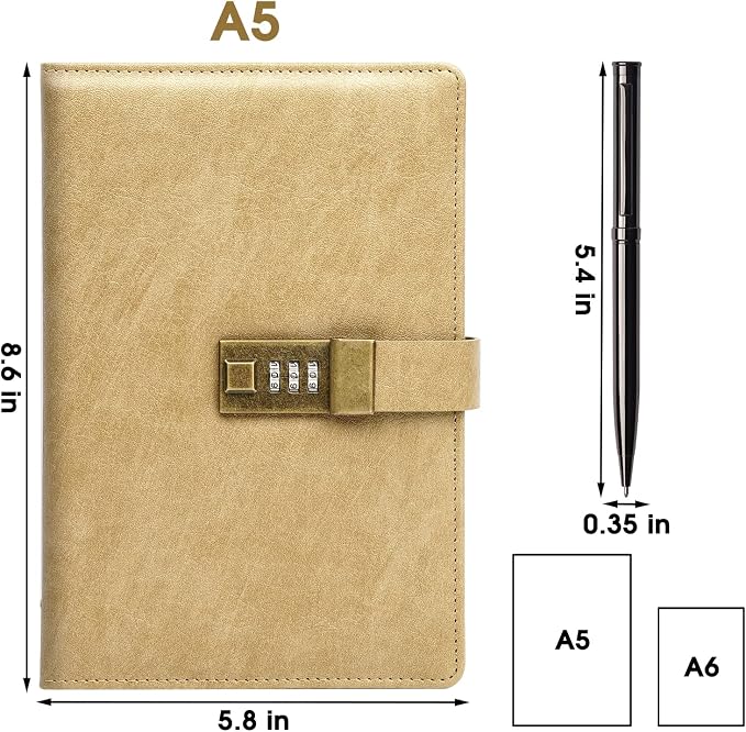WEMATE Diary with Lock, A5 PU Leather Journal with Lock 240 Pages, Vintage Lock Journal Password Protected Notebook with Pen & Gift Box, Lock Diary Planner Organizer for Men and Women, 8.6x5.8in