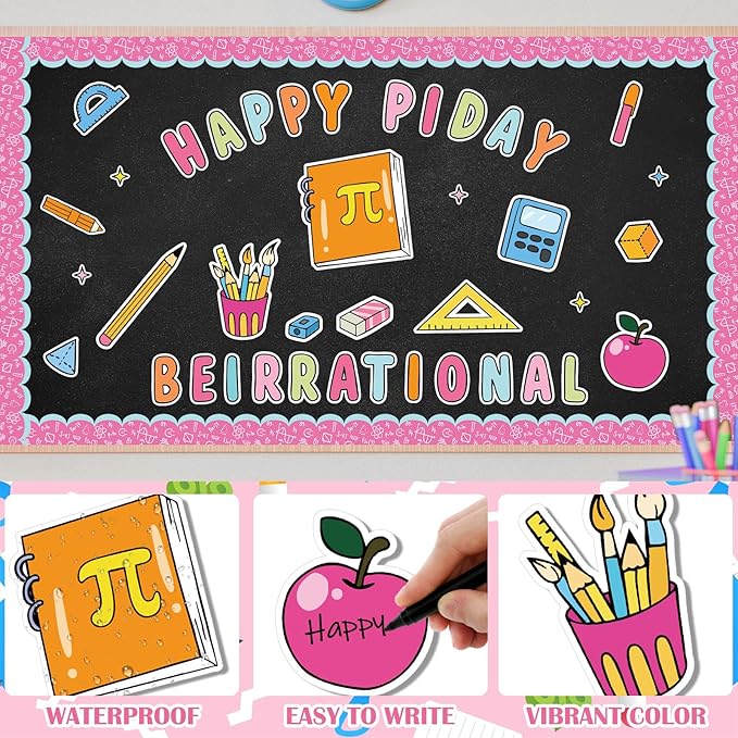 AnyDesign 65 Pcs Happy Pi Day Bulletin Board Decoration Math Pi Symbol Be Irrational Paper Cutouts with 150 Pcs Glue Points for Back to School Party Classroom Wall Decor