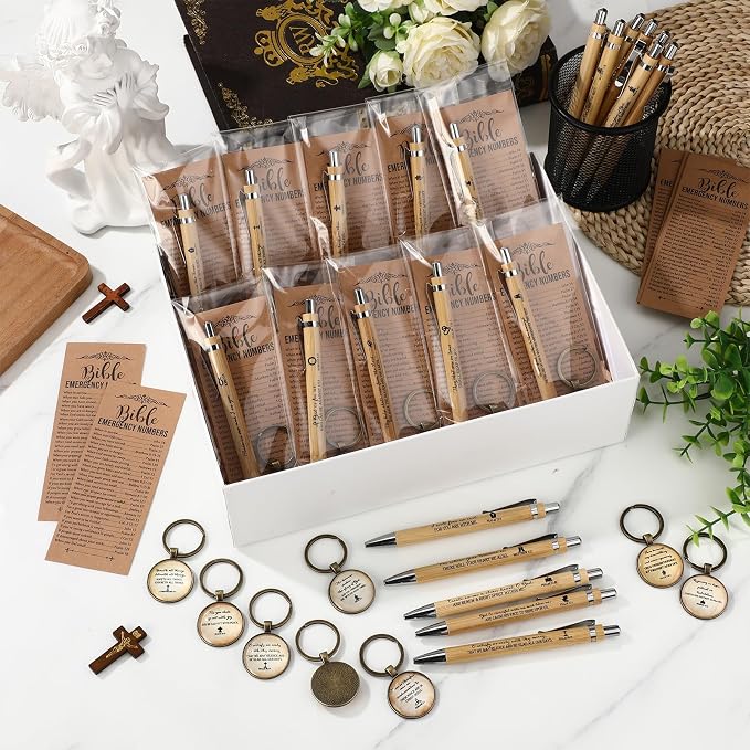 Dunzoom 25set 75pcs Fathers Day Christian Gift Emergency Numbers Bookmark Bible Verse Pen Religious Scripture Keychain for Women Men Coworker Church Prayer Baptism Souvenir Study Group(Wood Color)