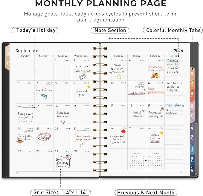 RETTACY Academic Planner 2026-2027, Weekly and Monthly, July 2026 - June 2027, Medium Size (5.7" x 8.3"), Calendar, Agenda, 12-Month Tabs, for Student, Teacher, School (Black)