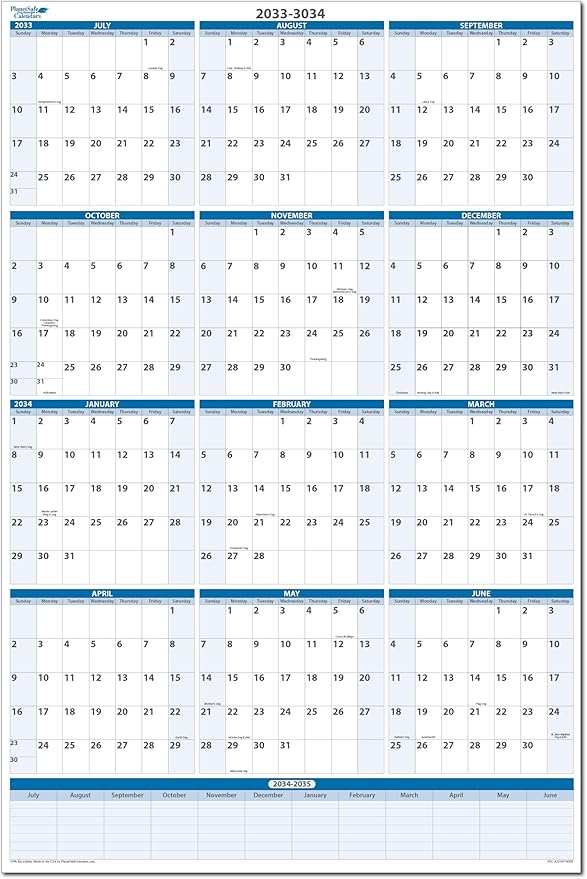 Fiscal/Academic Split Year July 2033 to June 2034 Vertical 12 Month Wall Calendar 36" x 24" - Dry & Wet Erasable with Next Year Planner Area. Complete with Fine tip Dry-erase Marker and Eraser