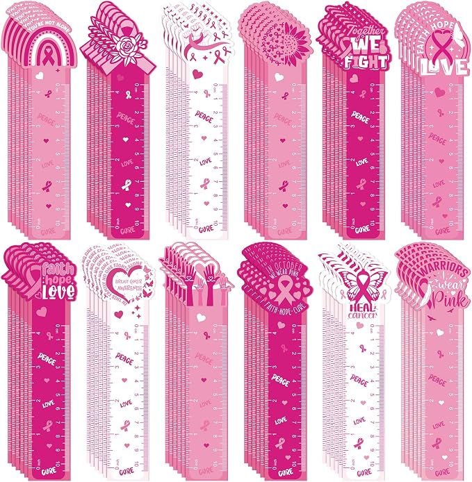 Kosiz 120 Pcs Breast Cancer Awareness Bookmarks Ruler Bulk Gifts Pink Ribbon Bookmarks Ruler Hope Butterfly Heart Inspirational Gifts Book Markers for Women Lovers Breast Cancer Supplies