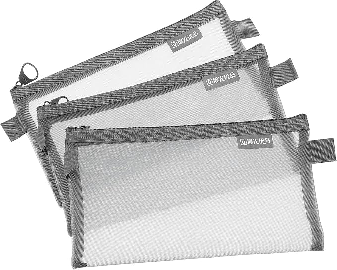 PATIKIL 3Pack Mesh Zipper Pouch Bags, 8.3" x 4.7" Nylon Mesh Pouch Waterproof Cosmetic Bags Pencil Holders Documents Pocket for Organization Travel Accessories Office Supplies, Gray