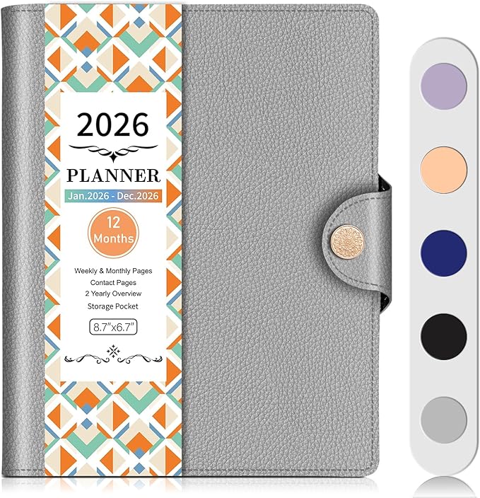 2026 Weekly & Monthly & Daily Planner from Jan 2026 - Dec 2026, Pu Leather Cover Planner, Academic Agenda Planning Organizer with 100GSM Thick Paper, A5 Size, Grey