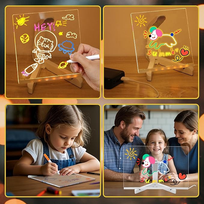 LED Note Board with Colors, Acrylic Dry Erase Board with Light, Magical Light Board, Light Up White Board with 7 Color Pen and Adjustable Stand, for Office School Home, Gift for Kids(8"x8")