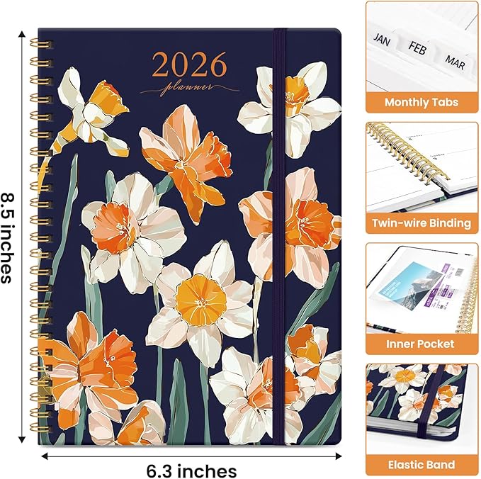 2026 Planner, Monthly and Weekly Calendar Planner for Women, Jan 2026 - Dec 2026, Hardcover Pretty 2026 Agenda Planner Book with Tabs, Spiral Bound, Perfect for School Office Home Supplies, 6.3" x 8.5" - Spring Daffodils