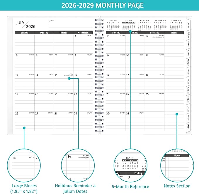 Monthly Planner 2026-2029, 36 Months Calendar Planner 2026-2029 from Jul 2026 – Jun 2029, 8.5'' x 11'' with Ruled Spread, Flexible Cover, Spiral Wirebound, Pocket, Coated Tabs, Notes ＆ Habit Tracker