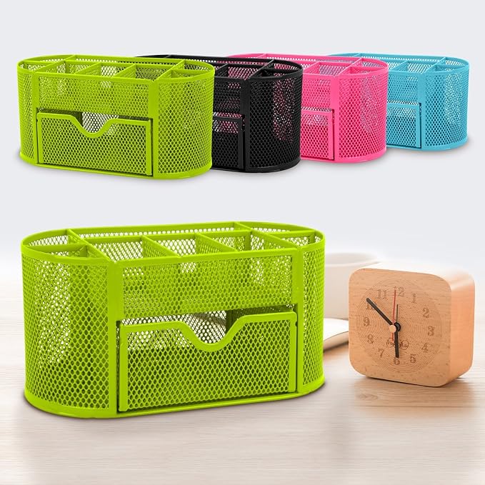 GPCT Office School Home/Teacher Supplies Mesh Desk Pen Organizer. Comes W/ 4 Pencil Cups For Highlighters/Pens/Sharpie, 4 Square Compartments For Paper Clips/Sticky Notes & 1 Supply Drawer- Green