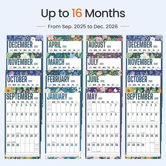 SUNEE Wall Calendar 2025-2026, Large Print Wall Calendar Sep.2025 - Dec.2026, 16-Months, Monthly Planner with Big Grid, Large Floral Colorful