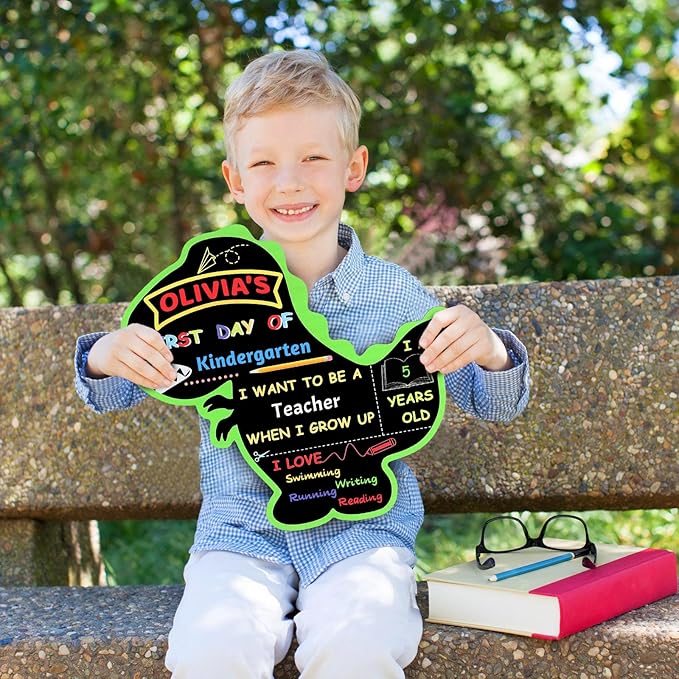 First and Last Day of School Board Reusable, Back to School Chalkboard Sign, Double Sided Preschool Kindergarten Signs for Kids Girls Boys (Cute Dinosaur)