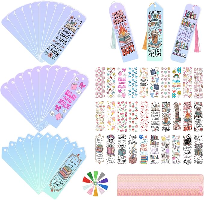 120Pcs Acrylic Bookmark Blanks Kits, Iridescent Clear Bookmarks Bulk,30Pcs Blank Bookmarks with 30PCS Booklover UV DTF Stickers and 30 Color Tassels for DIY Crafting Projects and Book Lovers Gifts