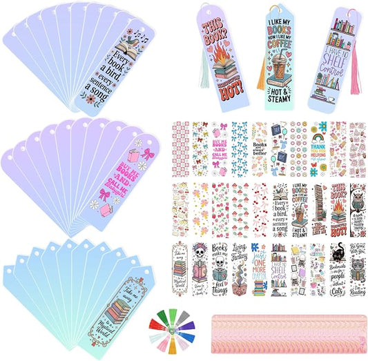 120Pcs Acrylic Bookmark Blanks Kits, Iridescent Clear Bookmarks Bulk,30Pcs Blank Bookmarks with 30PCS Booklover UV DTF Stickers and 30 Color Tassels for DIY Crafting Projects and Book Lovers Gifts