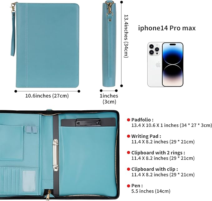 Wason A4 Portfolio with Zipper - Leather PU Padfolio with Detachable Ring Binder and Writing Notepad Holder, Conference File Multi-Pockets Organizer for Office Travel School (Cyan)