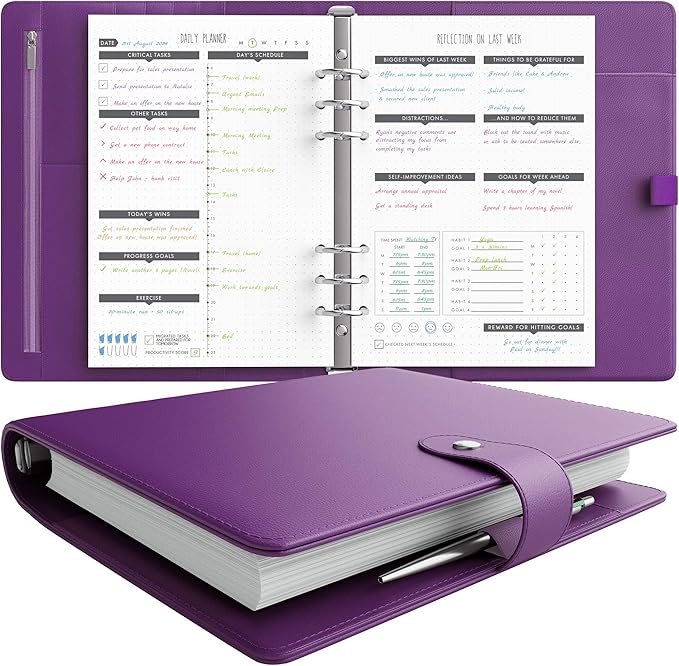 LUX PRO A5 - Daily Planner & appointment diary 2024 - Gratitude journal, wellness journal & Undated weekly planners and organisers - Desk journals for women & men - LUX Productivity (Purple Mulberry)