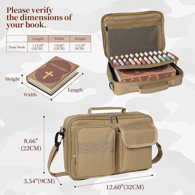 Tactical Bible Cover for Men, Bible Carrying Case with Multiple Pockets & Top Handle & Shoulder Strap & MOLLE System, Bible Bag for Church, Study, Travel, Bible Protector and Christian Gift (Apricot)