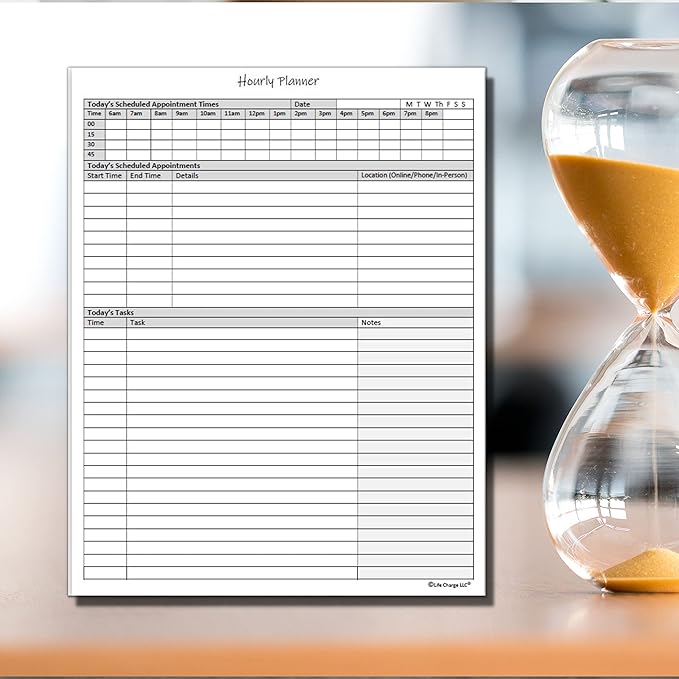 Life Charge Hourly Planner Notepad. 60 Page Planning Pad w/Appointment Time Block, Task Log List & Note Sections. For Office Work Schedule & Time Management. 8.5 X 11, A4 Sheets.