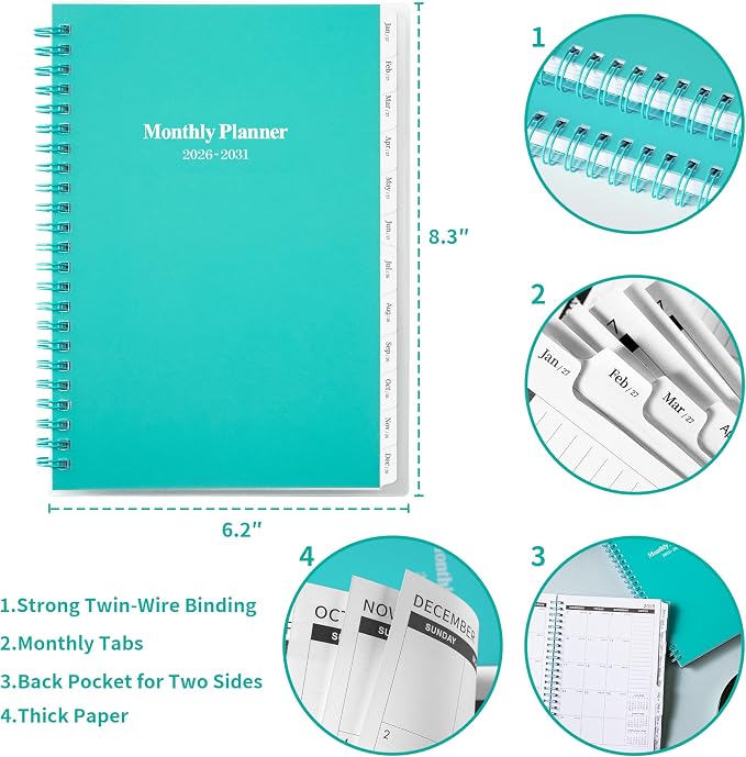2026-2031 Monthly Planner/Calendar - Jul 2026 - Jun 2031, 5 Year Monthly Planner with Tabs, 6.4" x 8.5", 60 Monthly Planner, Two-Side Pocket, 9 Notes Pages, Suitable for Long-Term Planning - Green