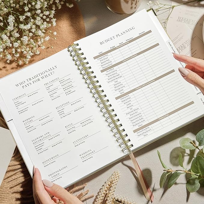 LADY&HOME Wedding Planner Book and Organizer, Linen Cover Wedding Planner Book, Bridal Planning Binder for Bride to be Gifts with Calendars, Checklist and Pockets (Apricot)