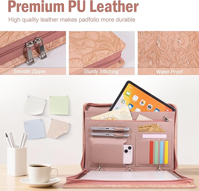 Calfinder Padfolio for Women,Embossed Leather 3 Ring Portfolio Binder,Business Portfolio Organizer with Tablet/Documents Holder,Leather Pink Padfolio Binder for Interview/Office,Valentine's Day Gift