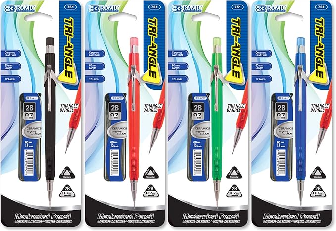 BAZIC PRODUCTS Tri-Angle 0.7mm Mechanical Pencil Soft Grip, Refill 2B Ceramic Pencils Lead, Latex Free Eraser, for Drafting Drawing Sketching, 24-Packs