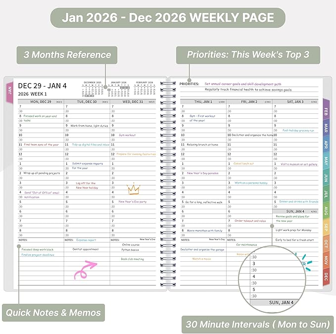 2026 Appointment Book, 30 Minutes-Hourly, Weekly ＆ Monthly Calendar Planner 2026, Jan 2026 - Dec 2026, 8.5'' x 11'', 2026 Daily Planner with Tabs ＆Pocket, Flexible Cover, Great for Office, Home, School