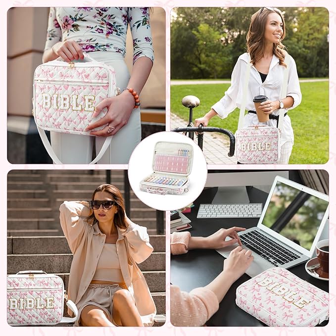 Sinload Quilted Bible Cover Case for Women 12 x 9 x 2.5 Inch Bible Chenille Letter Bag with Shoulder Strap Carrying Tabs 6 Colored Pens 12 Highlighters Christian Church Study Gifts(Pink,Love Bow)