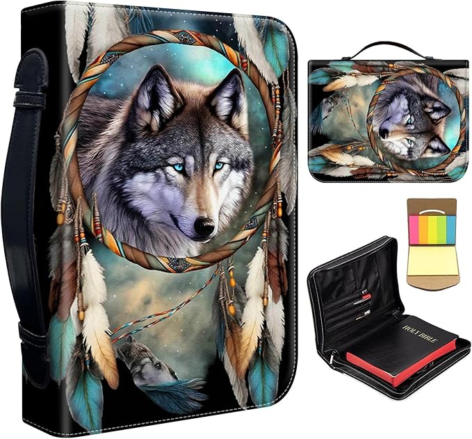 Bible Cover for Men Women,Large Leather Bible Case Fit Book Up to 11x8x2 Inch,Dream Catcher Wolves Bible Covers Bible Study Carrier Church Bags w/Handle & Zipper