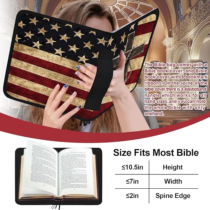 American Flag Cross Bible Cover Case for Women Men Boys,Large Bible Bag Book Carrying Case with Strap Handle Zipper Pocket,Bible Study Supplies Journaling Kit,Bible Organizer Holder Bag,Christian Gift