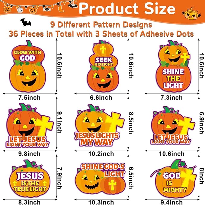 QOUBAI 36PCS Thanksgiving Religious Pumpkin Cutouts Christian Jesus Bulletin Board Fall Halloween Cardboard Door Sign Religious Holiday Wall Decor Kit Autumn Classroom Window Door Party Favor Supplies