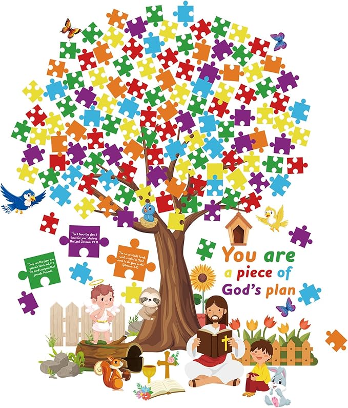 BBTO 155 Pieces of Christian Tree Bulletin Board Set The Gods Plan to Decorate Children's Sunday School, Religious Bible, Scripture Classroom, Cut Decoration, Blackboard Supplies (Puzzle Style)