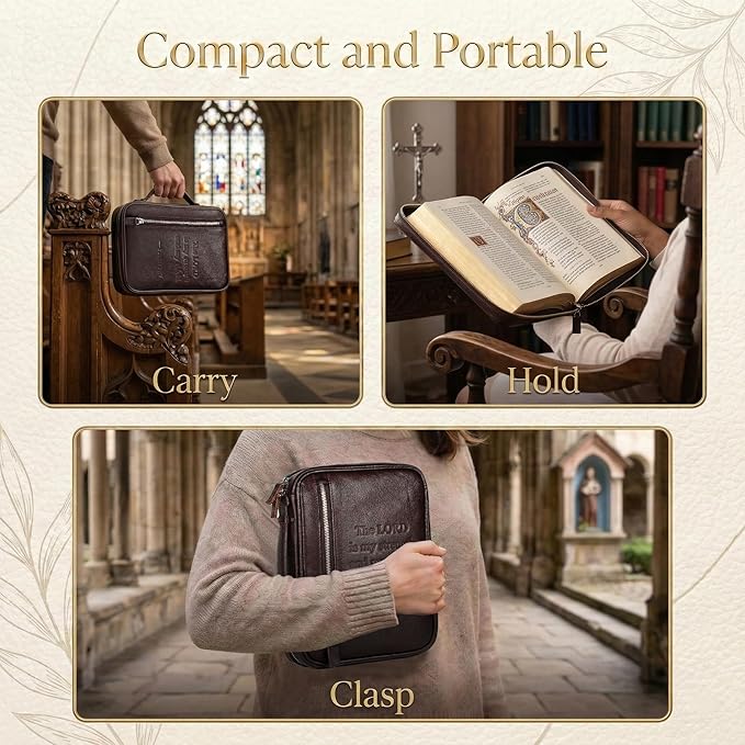 Full Grain Leather Bible Cover Case for Men, Mens Bible Covers Cases Leather Bible Protective Book Holder Carrying Case for Men with Handle Zippered Pocket
