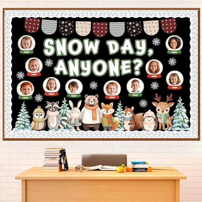 Funrous 68 Pcs Winter Woodland Bulletin Board Decoration Set DIY Photo Forest Animal Classroom Bulletin Board Snow Day Cutouts for Xmas Winter Holiday Party School Classroom Wall Decorations