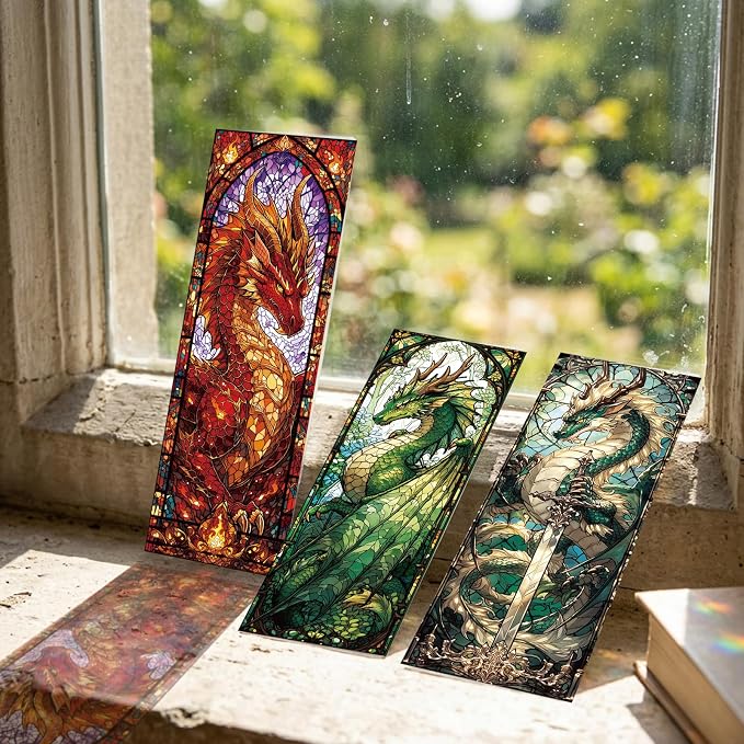 10 Pcs Stained Glass Dragon Bookmarks, Fantasy Dragon Transparent PVC Bookmark Bulk for Women Man, Cool Aesthetic Book Mark for Reading Lovers Accessories Gifts