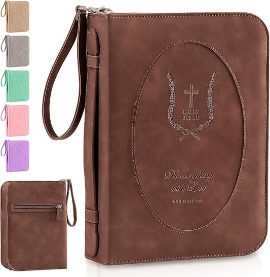 Leather Bible Cover for Women – Large Zippered Case with Handle and Pockets, Floral Book Protector for Study or Church, Christian Gift for Girls and Women, Large Size Bibles (Dark Brown)