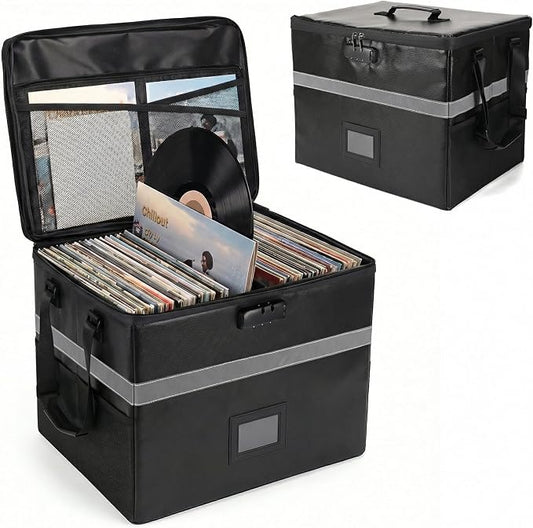 Calenzana Vinyl Record Storage Box with Lock, Fireproof Water Resistant Record Organizer for 150+ Single Records 12-inch, Collapsible Crate Box for Valuable Album, 16.7'' x 13.2'' x 13.4''